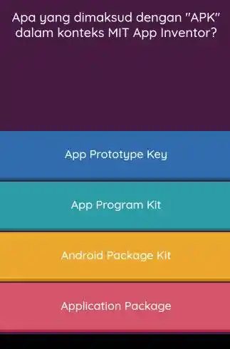 Apa yang dimaksud dengan "APK" dalam konteks MIT App Inventor? App Prototype Key App Program Kit Android Package Kit Application Package