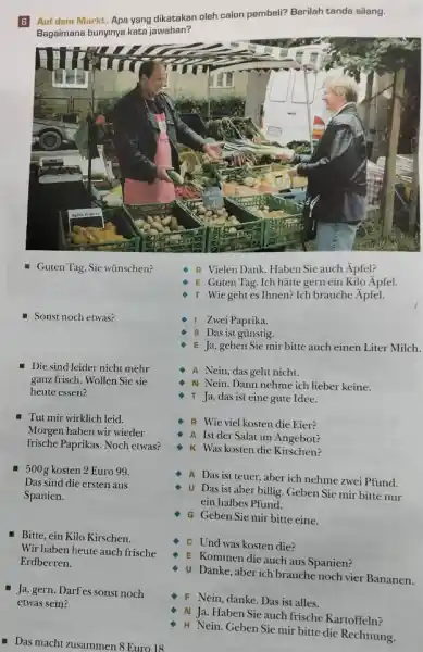 Auf dem Markt. Apa yang dikatakan oleh calon pembeli? Berilah tanda silang. Bagaimana bunyinya kata jawaban? Guten Tag, Sie wünschen? Sonst noch etwas? Die