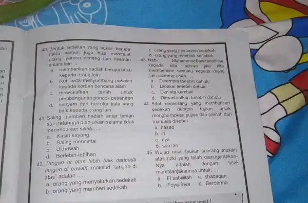 Bentuk sedekah yang bukan berupa harta namun juga bisa membuat orang merasa senang dan nyaman antara lain a. memberikan hadiah berupa buku kepada orang