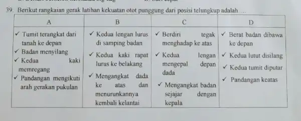 Berikut rangkaian gerak latihan kekuatan otot punggung dari posisi telungkup adalah..... A B C D Tumit terangkat dari tanah ke depan Badan menyilang Kedua