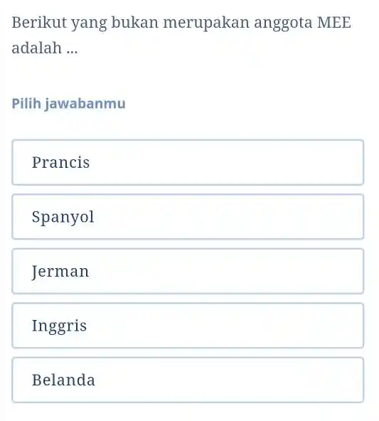 Berikut yang bukan merupakan anggota MEE adalah ... Pilih jawabanmu Prancis Spanyol Jerman Inggris Belanda