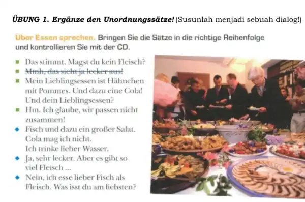 ÜBUNG 1. Ergänze den Unordnungssätze! (Susunlah menjadi sebuah dialog!) Über Essen sprechen. Bringen Sie die Sätze in die richtige Reihenfolge und kontrollieren Sie mit