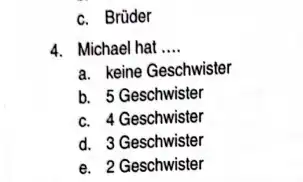 c. Brüder 4. Michael hat .... a. keine Geschwister b. 5 Geschwister c. 4 Geschwister d. 3 Geschwister e. 2 Geschwister