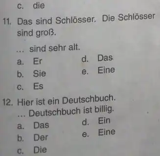 c. die 11. Das sind Schlösser. Die Schlösser sind groß. ... sind sehr alt. a. Er d. Das b. Sie e. Eine c. Es