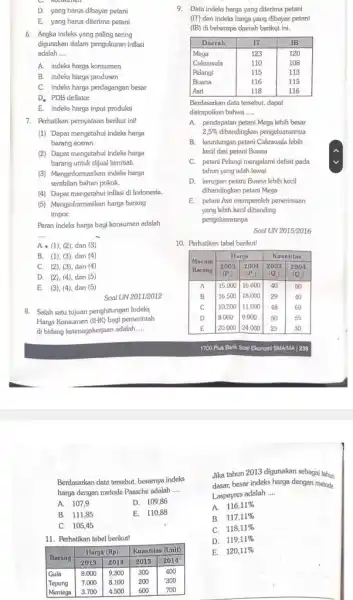 D. yang harus dibayar petani E. yang harus diterima petani 6. Angka indeks yang paling sering digunakan dalam pengukuran inflasi adalah.... A. indeks harga