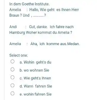 In dem Goethe Institute. Amelia : Hallo, Wie geht es Ihnen Herr Braun? Und ? Andi : Gut, danke. Ich fahre nach Hamburg Woher