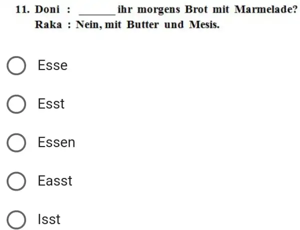 Doni : ihr morgens Brot mit Marmelade? Raka : Nein, mit Butter und Mesis. Esse Esst Essen Easst Isst