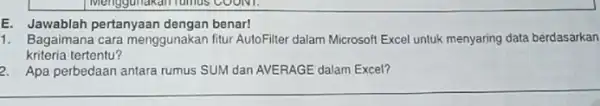 E. Jawablah pertanyaan dengan benar! Bagaimana cara menggunakan fitur AutoFilter dalam Microsoft Excel untuk menyaring data berdasarkan kriteria tertentu? Apa perbedaan antara rumus SUM