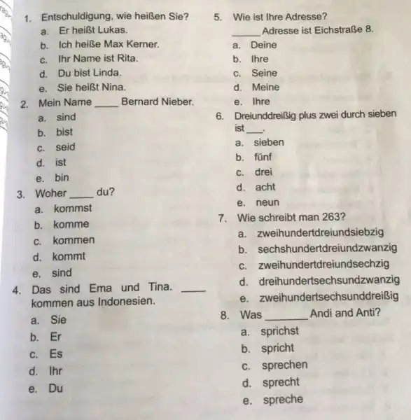 Entschuldigung, wie heißen Sie? a. Er heißt Lukas. b. Ich heiße Max Kerner. c. Ihr Name ist Rita. d. Du bist Linda. e. Sie