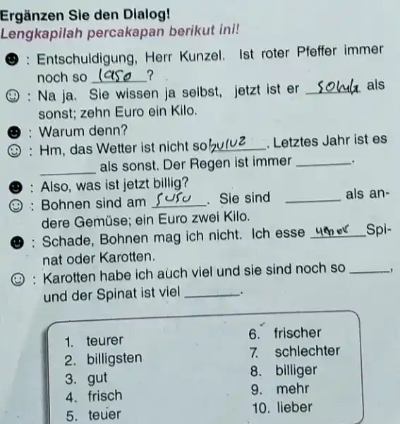 Ergänzen Sie den Dialog! Lengkapilah percakapan berikut ini! (3) : Entschuldigung, Herr Kunzel. Ist roter Pfeffer immer noch so laso? (4) : Na ja.