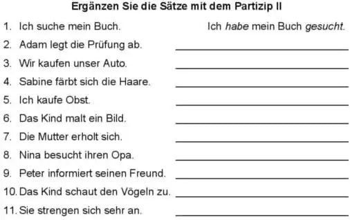 Ergänzen Sie die Sätze mit dem Partizip II Ich suche mein Buch. Ich habe mein Buch gesucht. Adam legt die Prüfung ab . Wir