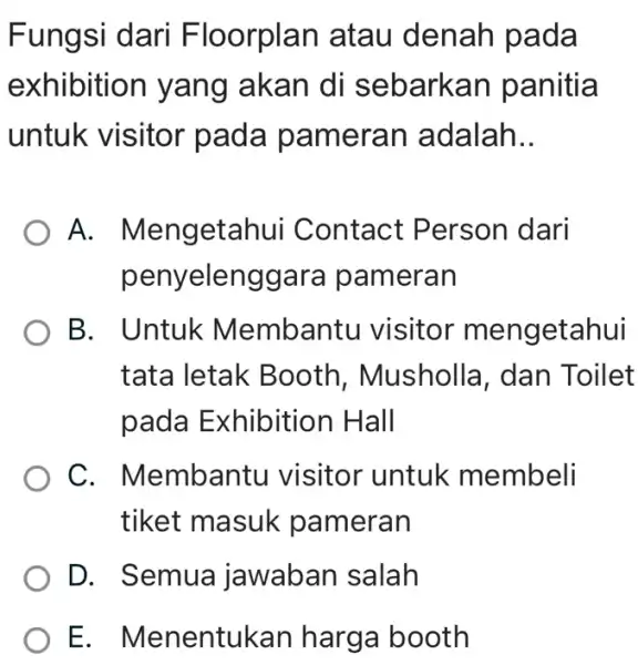 Fungsi dari Floorplan atau denah pada exhibition yang akan di sebarkan panitia untuk visitor pada pameran adalah.. A. Mengetahui Contact Person dari penyelenggara pameran