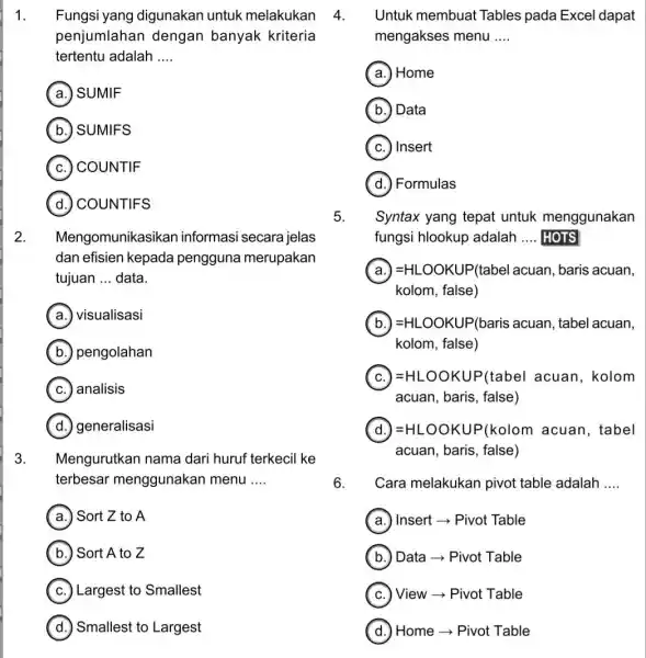 Fungsi yang digunakan untuk melakukan penjumlahan dengan banyak kriteria tertentu adalah .... a. SUMiF (b.) SUMIFS (C.) COUNTIF (d.) COUNTIFS Mengomunikasikan informasi secara jelas