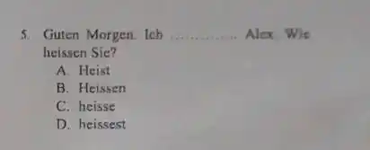 Guten Morgen. Ich Alex. Wie heissen Sie? A. Heist B. Heissen C. heisse D. heissest