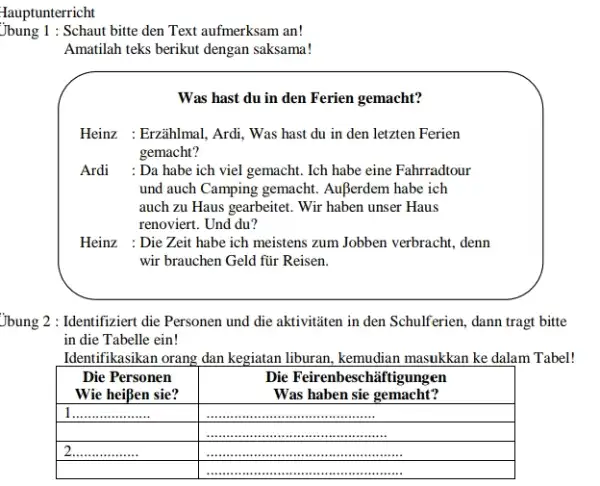 Hauptunterricht Jbung 1 : Schaut bitte den Text aufmerksam an! Amatilah teks berikut dengan saksama! Was hast du in den Ferien gemacht? Heinz :