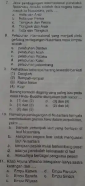 Jalur perdagangan internasional penduduk Nusantara dimulai setelah dua negara besar masuk ke Nusantara, yaitu .... a. India dan Arab b. India dan Persia c.