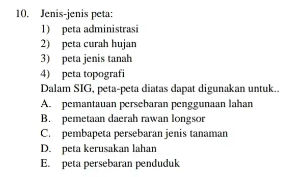 Jenis-jenis peta: peta administrasi peta curah hujan peta jenis tanah peta topografi Dalam SIG, peta-peta diatas dapat digunakan untuk.. A. pemantauan persebaran penggunaan lahan