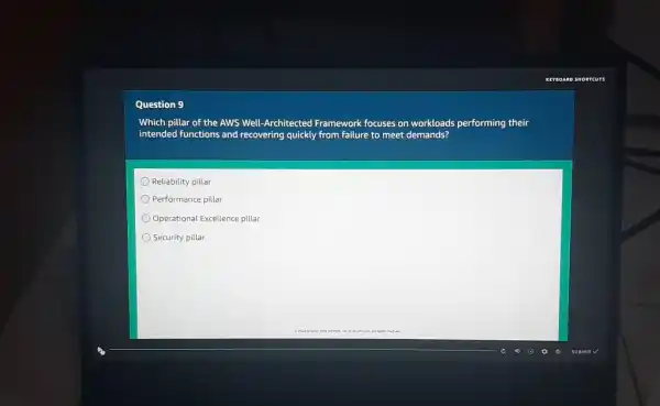 KEYвоАคВ SHORTCUTS Question 9 Which pillar of the AWS Well-Architected Framework focuses on workloads performing their intended functions and recovering quickly from failure to