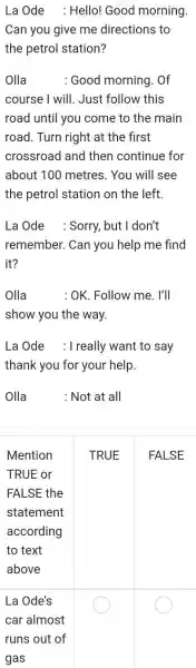 La Ode : Hello! Good morning. Can you give me directions to the petrol station? Olla : Good morning. Of course I will. Just