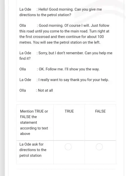 La Ode : Hello! Good morning. Can you give me directions to the petrol station? Olla : Good morning. Of course I will. Just