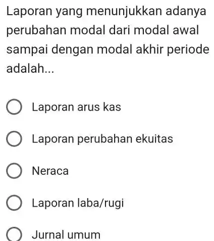 Laporan yang menunjukkan adanya perubahan modal dari modal awal sampai dengan modal akhir periode adalah... Laporan arus kas Laporan perubahan ekuitas Neraca Laporan laba/rugi