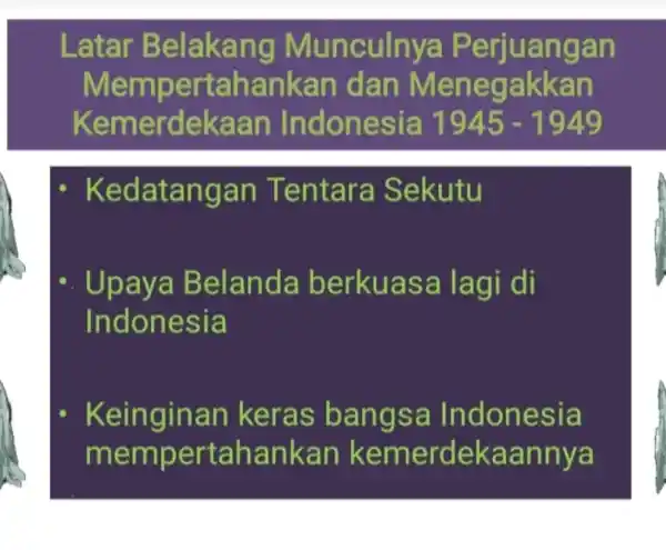 Latar Belakang Munculnya Perjuangan Mempertahankan dan Menegakkan Kemerdekaan Indonesia 1945 - 1949 Kedatangan Tentara Sekutu Upaya Belanda berkuasa lagi di Indonesia Keinginan keras bangsa