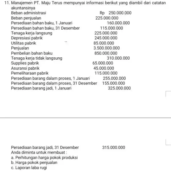 Manajemen PT. Maju Terus mempunyai informasi berikut yang diambil dari catatan akuntansinya Beban administrasi Beban penjualan Persediaan bahan baku, 1 Januari Persediaan bahan baku,