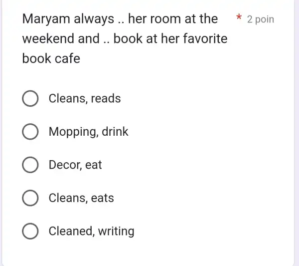 Maryam always .. her room at the 2 poin weekend and .. book at her favorite book cafe Cleans, reads Mopping, drink Decor, eat