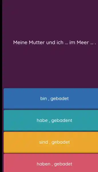 Meine Mutter und ich ... im Meer ... . bin, gebadet habe, gebadent sind, gebadet haben, gebadet