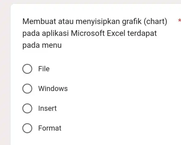 Membuat atau menyisipkan grafik (chart) pada aplikasi Microsoft Excel terdapat pada menu File Windows Insert Format