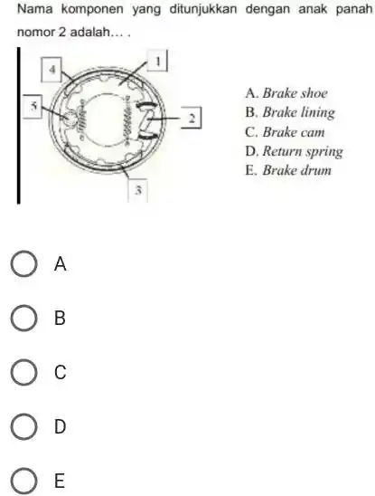 Nama komponen yang ditunjukkan dengan anak panah nomor 2 adalah... . A. Brake shoe B. Brake lining C. Brake cam D. Return spring E.