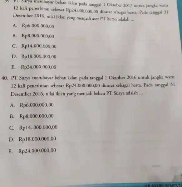 P1 Surya membayar beban iklan pada tanggal 1 Oktober 2017 untuk jangka watu 12 kali penerbitan sebesar Rp24.000.000,00 dicatat sebagai harta. Pada tanggal 31