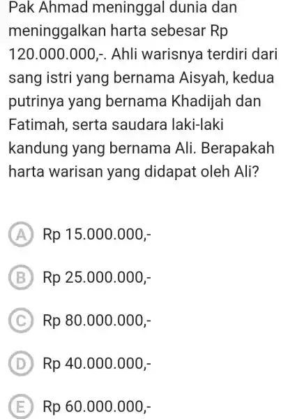 Pak Ahmad meninggal dunia dan meninggalkan harta sebesar Rp 120.000.000,-. Ahli warisnya terdiri dari sang istri yang bernama Aisyah, kedua putrinya yang bernama Khadijah