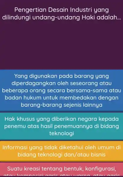 Pengertian Desain Industri yang dilindungi undang-undang Haki adalah... Yang digunakan pada barang yang diperdagangkan oleh seseorang atau beberapa orang secara bersama-sama atau badan hukum