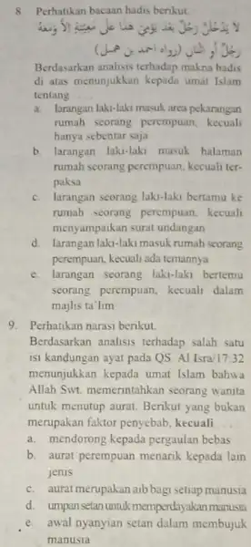 Perhatikan bacaan hadis berikut. Berdasarkan analisis terhadap makna hadis di atas menunjukkan kepada umat Islam tentang a. larangan laki-laki masuk area pekarangan rumah seorang