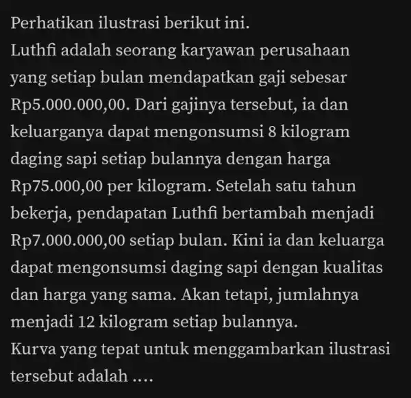 Perhatikan ilustrasi berikut ini. Luthfi adalah seorang karyawan perusahaan yang setiap bulan mendapatkan gaji sebesar Rp5.000.000,00. Dari gajinya tersebut, ia dan keluarganya dapat mengonsumsi