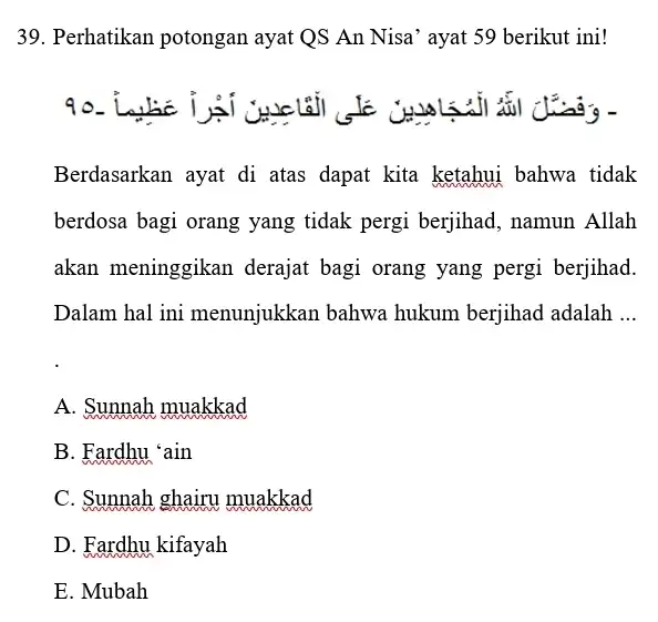 Perhatikan potongan ayat QS An Nisa' ayat 59 berikut ini! Berdasarkan ayat di atas dapat kita ketahui bahwa tidak berdosa bagi orang yang tidak