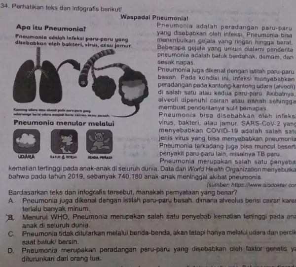 Perhatikan teks dan infografis berikut! Waspadai Pneumonial Apa itu Pneumonia? Pneumonia adalah infeksi paru-paru yong disebabkan oleh bakteri, virus, atau jamur. Pneumonia menular melalui