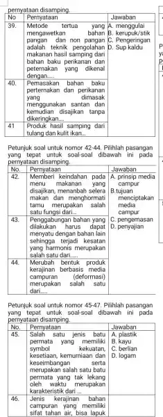 pernyataan disamping. No Pernyataan Jawaban 39. Metode tertua yang mengawetkan pangan dan non pangan adalah teknik pengolahan makanan hasil samping dari bahan baku perikanan