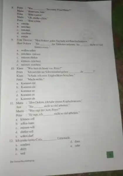 Petra : "Was Sic essen, Frau Mtria?" Maria : "Bratwurst, bitte," Petra : "Bitte warten," Maria : "Ok, danke schón," Petra : "Bitteschön." a.