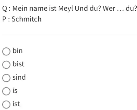 Q: Mein name ist Meyl Und du? Wer ... du? P: Schmitch bin bist sind is ist