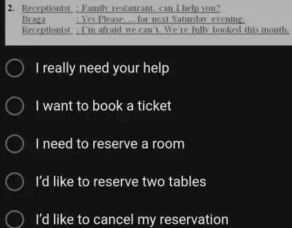 Receptionist : Family restaurant, can I help vou? Braga Yes Please,... for next Saturday evening. Receptionist : Tim afraid we can't. We're fully booked