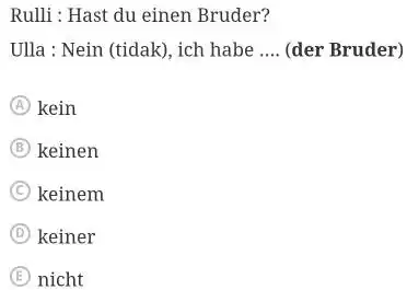 Rulli : Hast du einen Bruder? Ulla : Nein (tidak), ich habe .... (der Bruder) A) kein (B) keinen (C) keinem (D) keiner ()