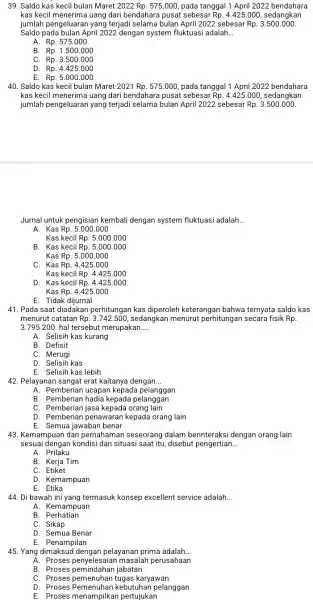 Saldo kas kecil bulan Maret 2022 Rp. 575.000 , pada tanggal 1 April 2022 bendahara kas kecil menerima uang dari bendahara pusat sebesar Rp.