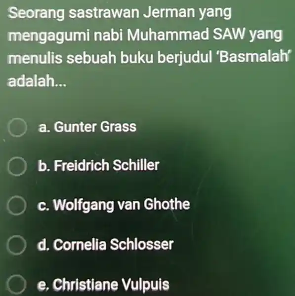 Seorang sastrawan Jerman yang mengagumi nabi Muhammad SAW yang menulis sebuah buku berjudul 'Basmalah' adalah... a. Gunter Grass b. Freidrich Schiller c. Wolfgang van