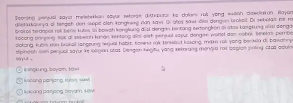 Seorong penjual soyut meletakion sayur setoran distributor ke dalam iok yong sudoh disediakon Boyan dietokkannya di tengah don diopit oleh kangitung dan sawi Di