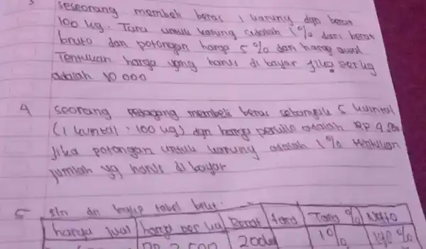 seseonang membeh beras I karuny dan bent 100kg . Tana unkele vorung adalah 1% dari berat bruto dan potongan harga 5% dari harag ousul