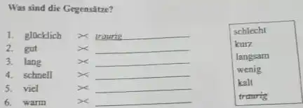 Was sind die Gegensãtze? 1. glücklich x traurig schlecht 2. gut xx kurz 3. quad lang x langsam 4. schnell x wenig 5. viel