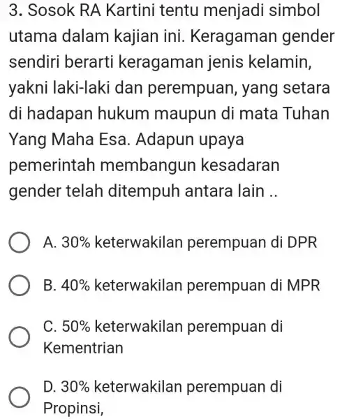 Sosok RA Kartini tentu menjadi simbol utama dalam kajian ini. Keragaman gender sendiri berarti keragaman jenis kelamin, yakni laki-laki dan perempuan, yang setara di