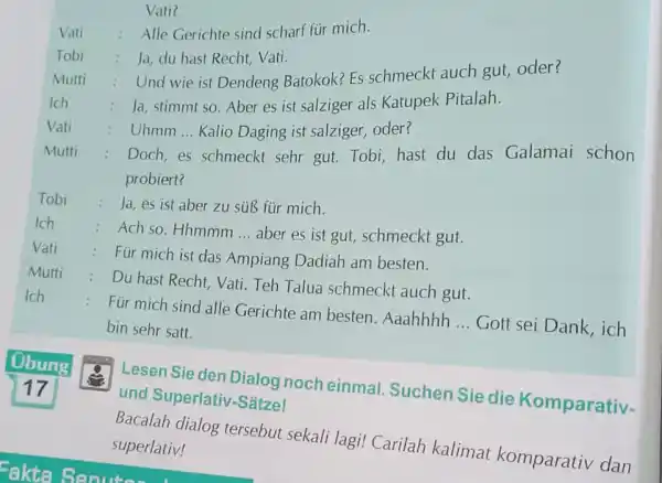 Vati? Vati? Vati : Alle Gerichte sind scharf für mich. Tobi : Ja, du hast Recht, Vati. Mutti : Und wie ist Dendeng Batokok?